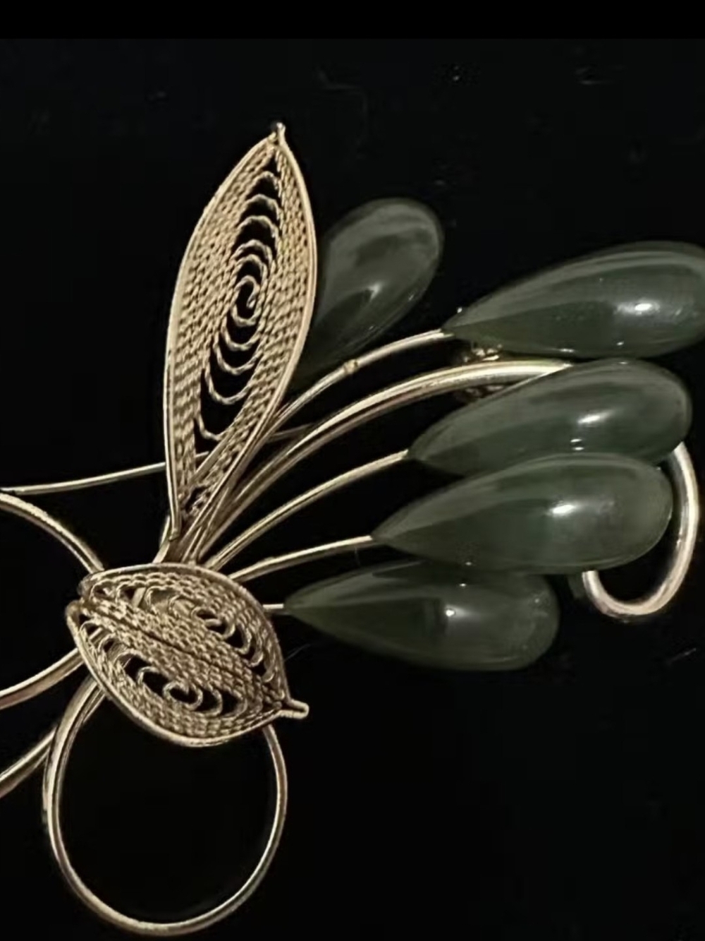 Gold-Tone Filigree Brooch with Green Teardrop Accents